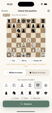 Confirming the recognized chess position and its FEN before analysis