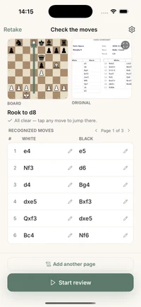 ChessCopilot reading the moves from a scanned score sheet into a clean move list