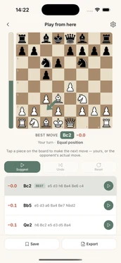 Play-from-here mode with live engine move suggestions