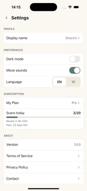 ChessCopilot settings with dark mode, move sounds and language options
