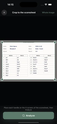 A photo of a real handwritten paper score sheet captured in ChessCopilot