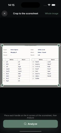 A photo of a real handwritten paper chess score sheet in ChessCopilot