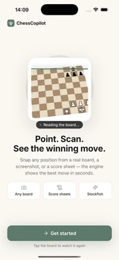 ChessCopilot welcome screen — point, scan, see the winning move